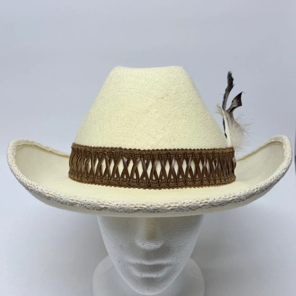 Cream Felt Western Cowboy Hat Feather Accent Lace Trim Brim Festival Boho Ivory